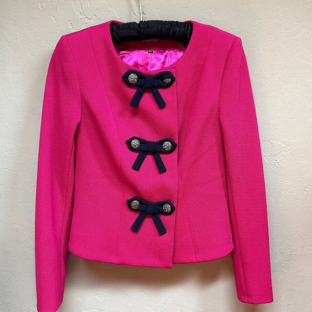 Helen Womens Long Sleeve Double-Breasted Pink Blazer Jacket Size 42 Bow Button